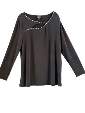JM Collection Black Long Sleeve Blouse Rhinestone Cutout Top XL